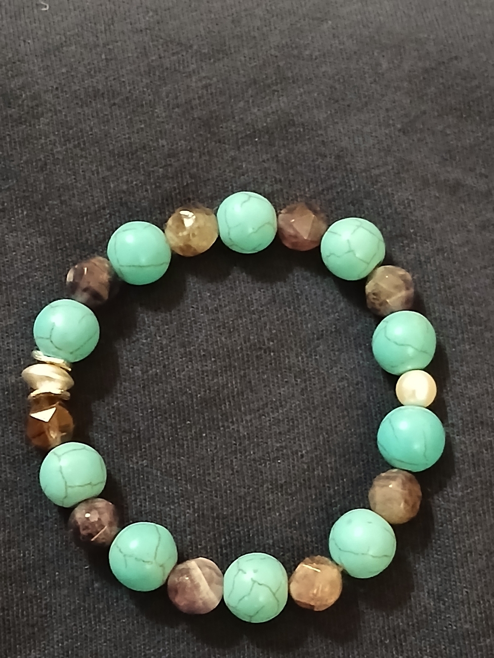 Real Turquoise & Amethyst Boho Beaded Stretch Bracelet With Sterling Silver Sz 7